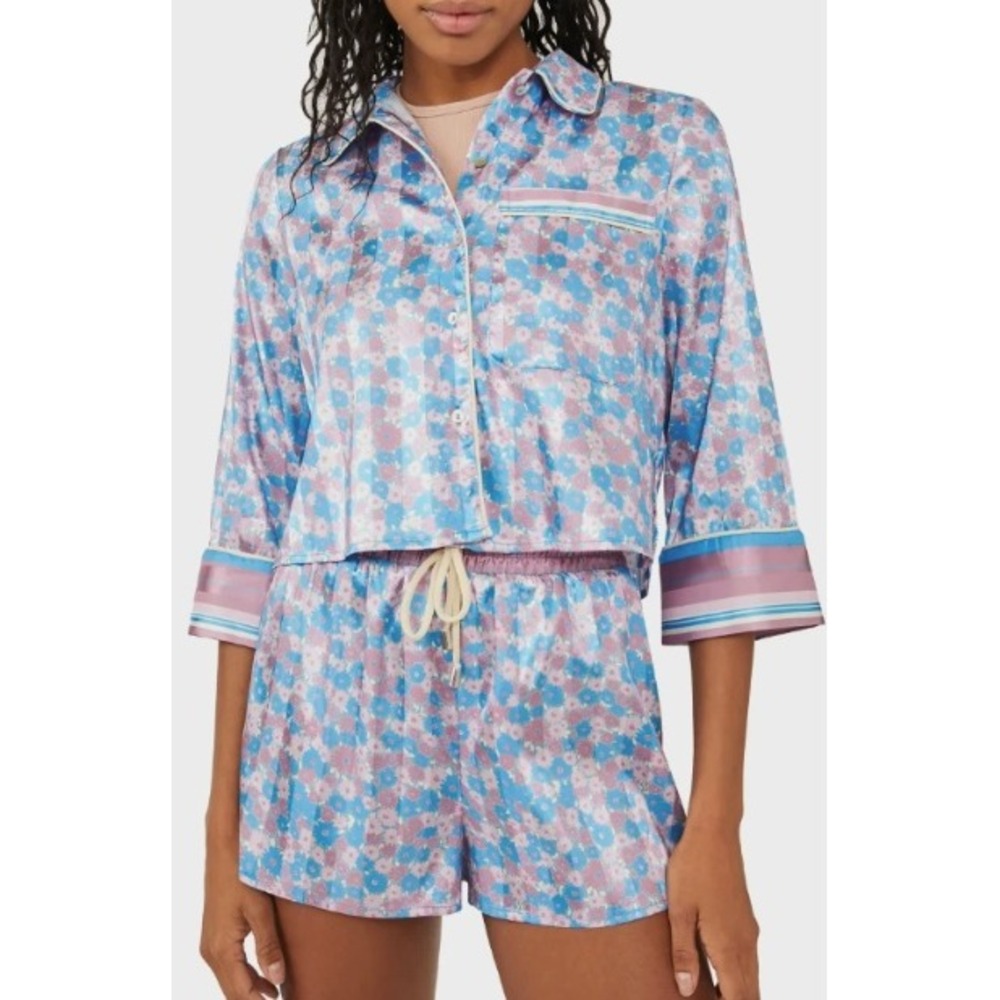 NWT Free People Pillow Talk Satin Pajama PJ Shorts Set Floral Lavender Sz. M NEW